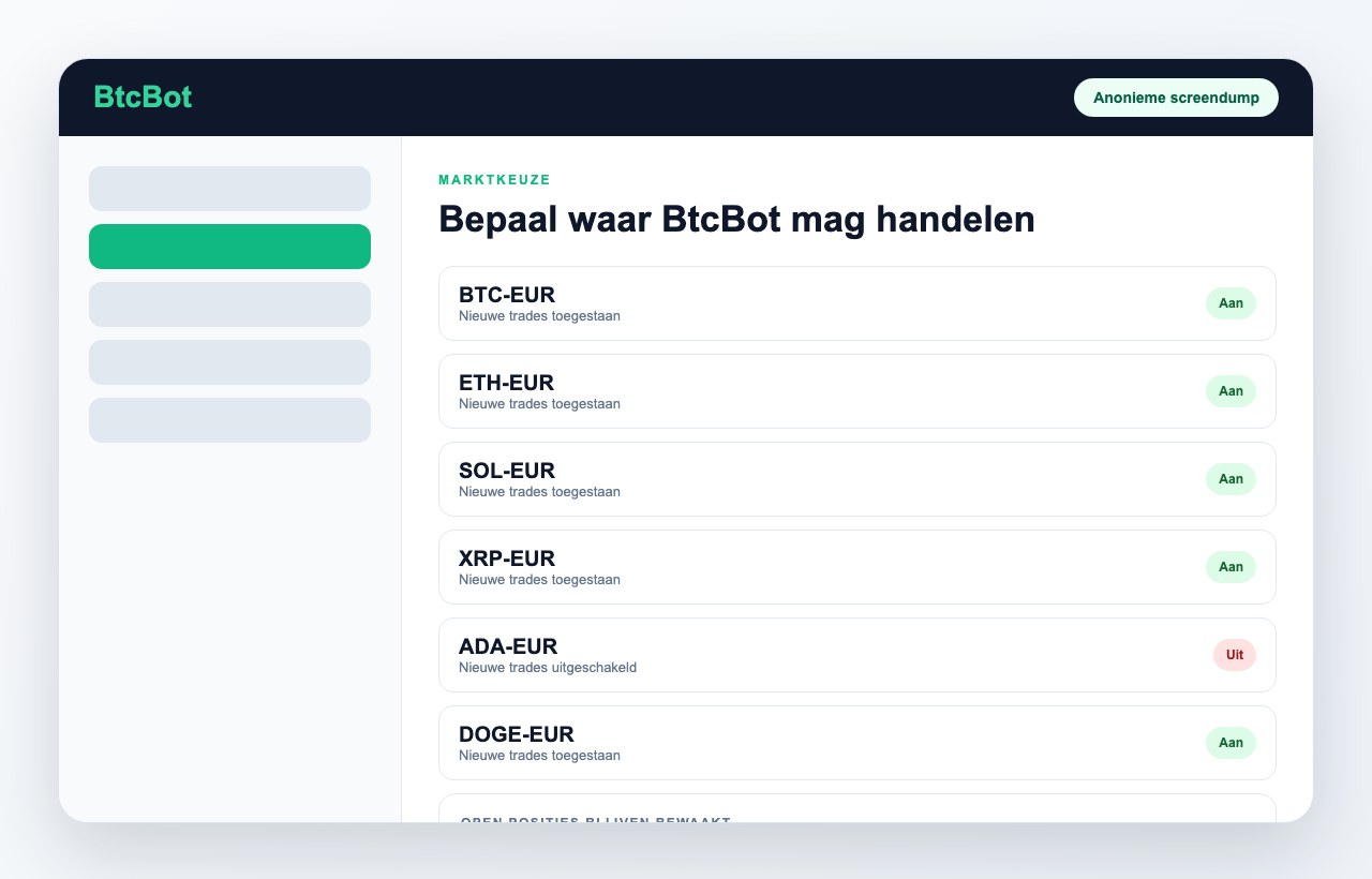 Anonieme BtcBot screendump met marktkeuze en open positie bewaking