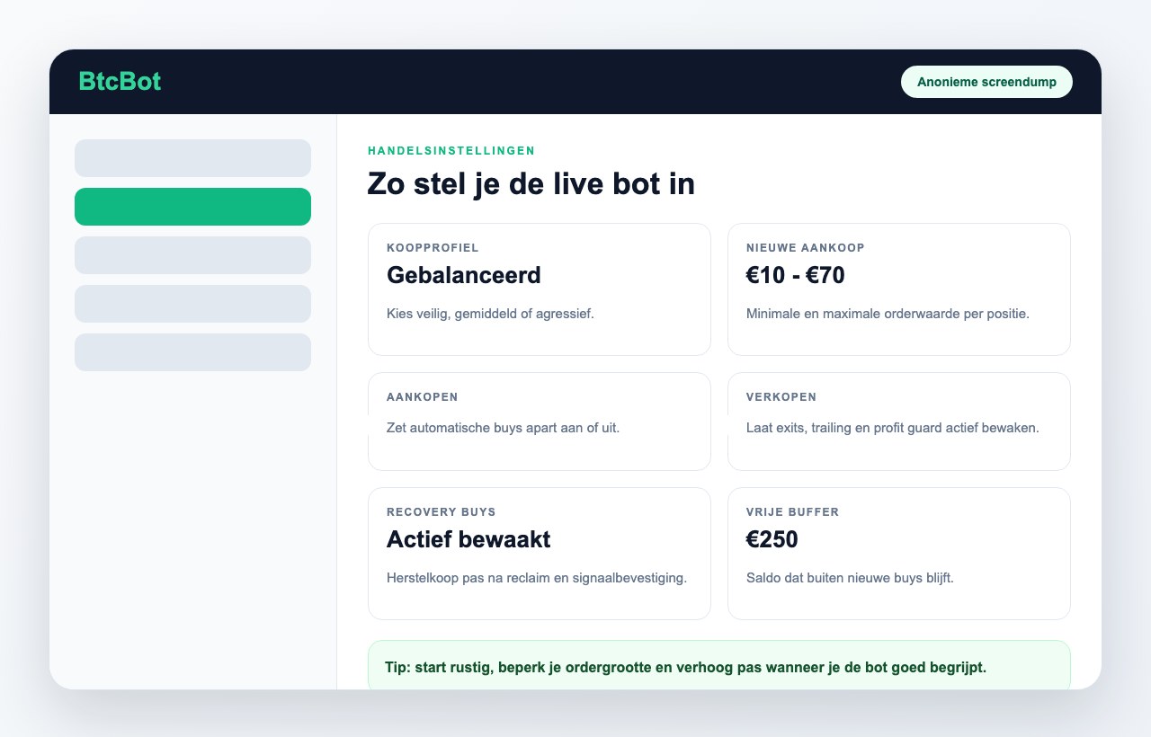 Anonieme BtcBot screendump met veilige handelsinstellingen
